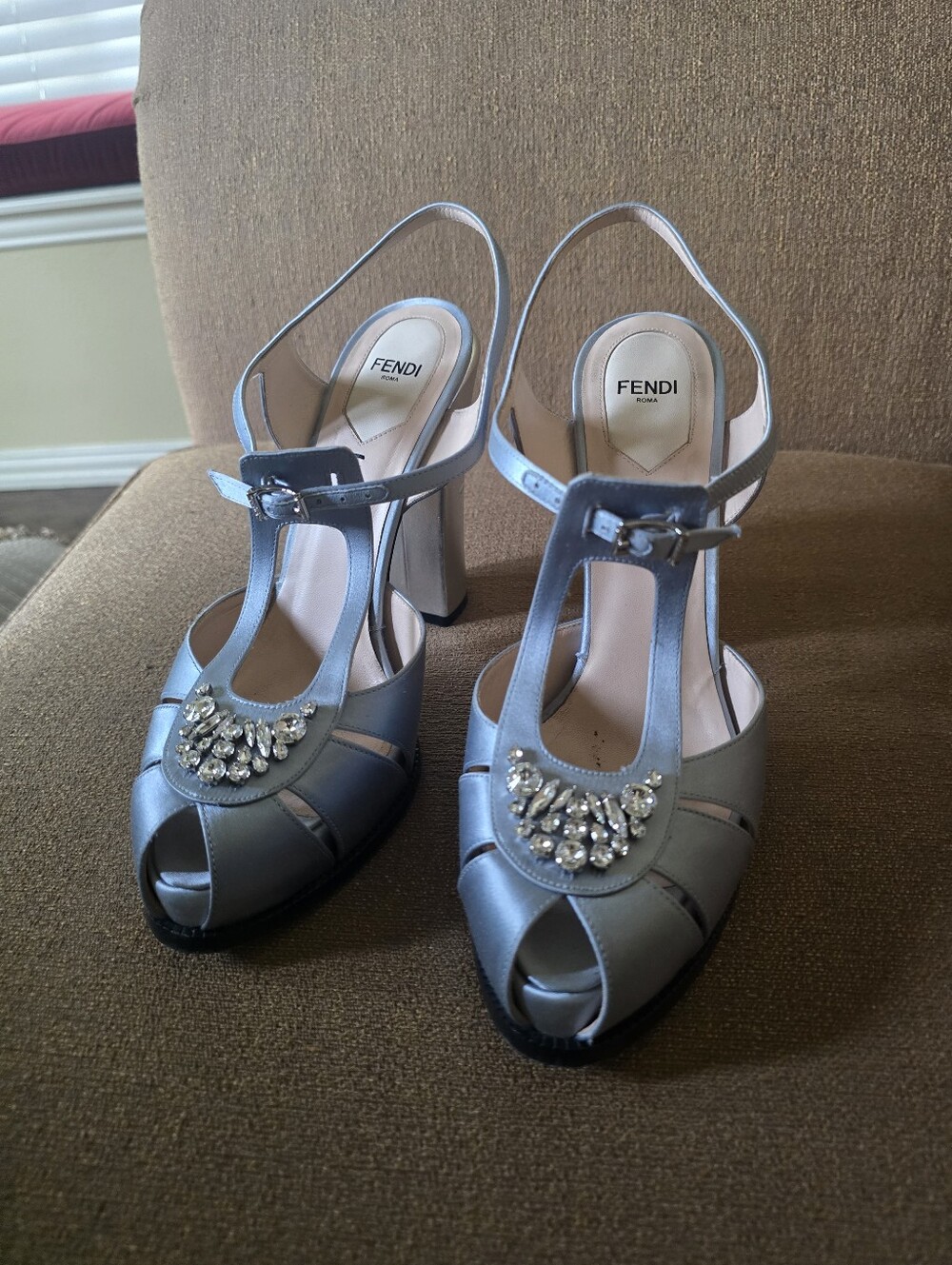 Fendi Silvery Blue Metallic T-Bar Embellished Block Heel Sandal Size 41